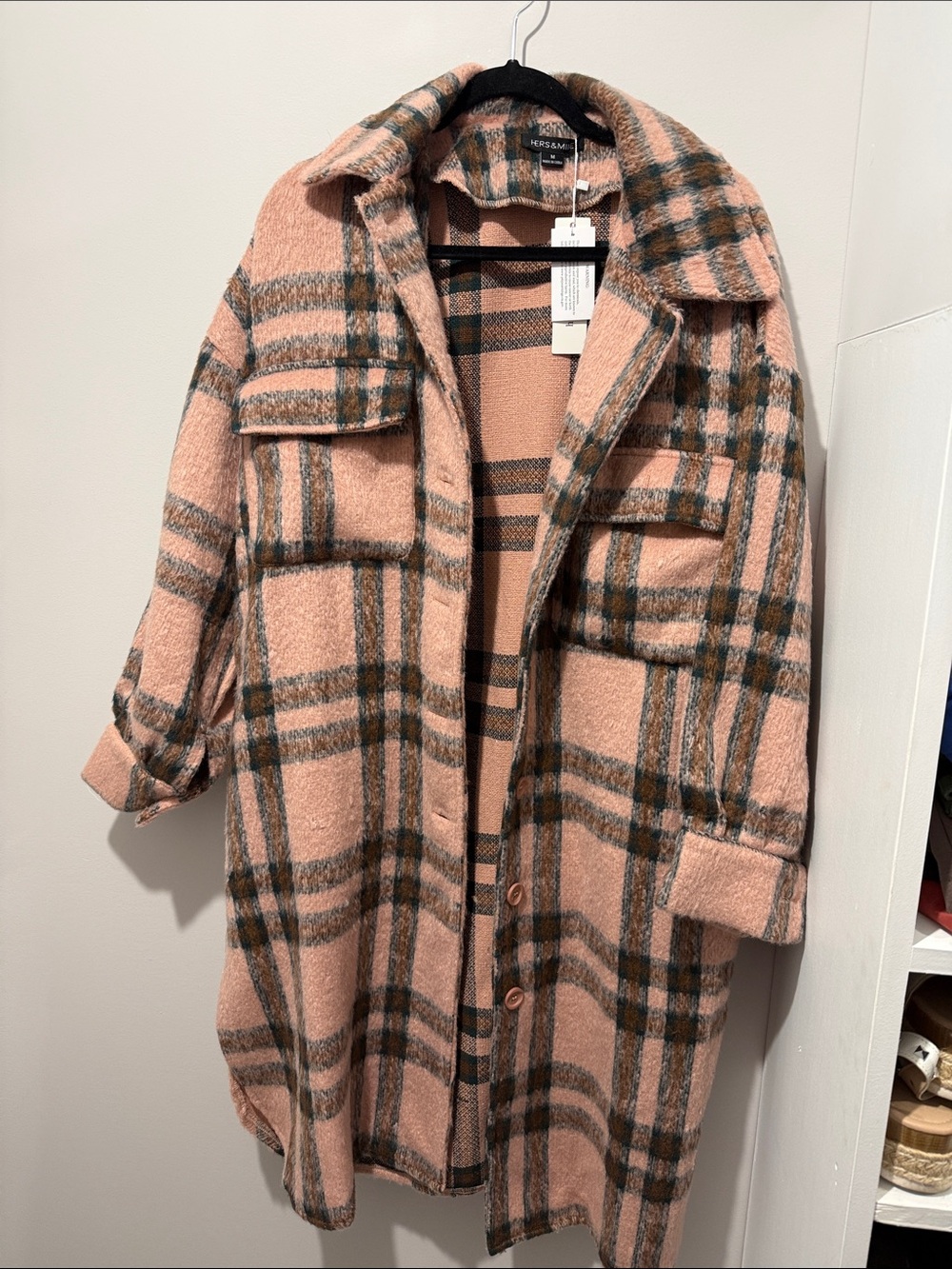 Hers & Mine Pink Plaid Trench Shacket Coat